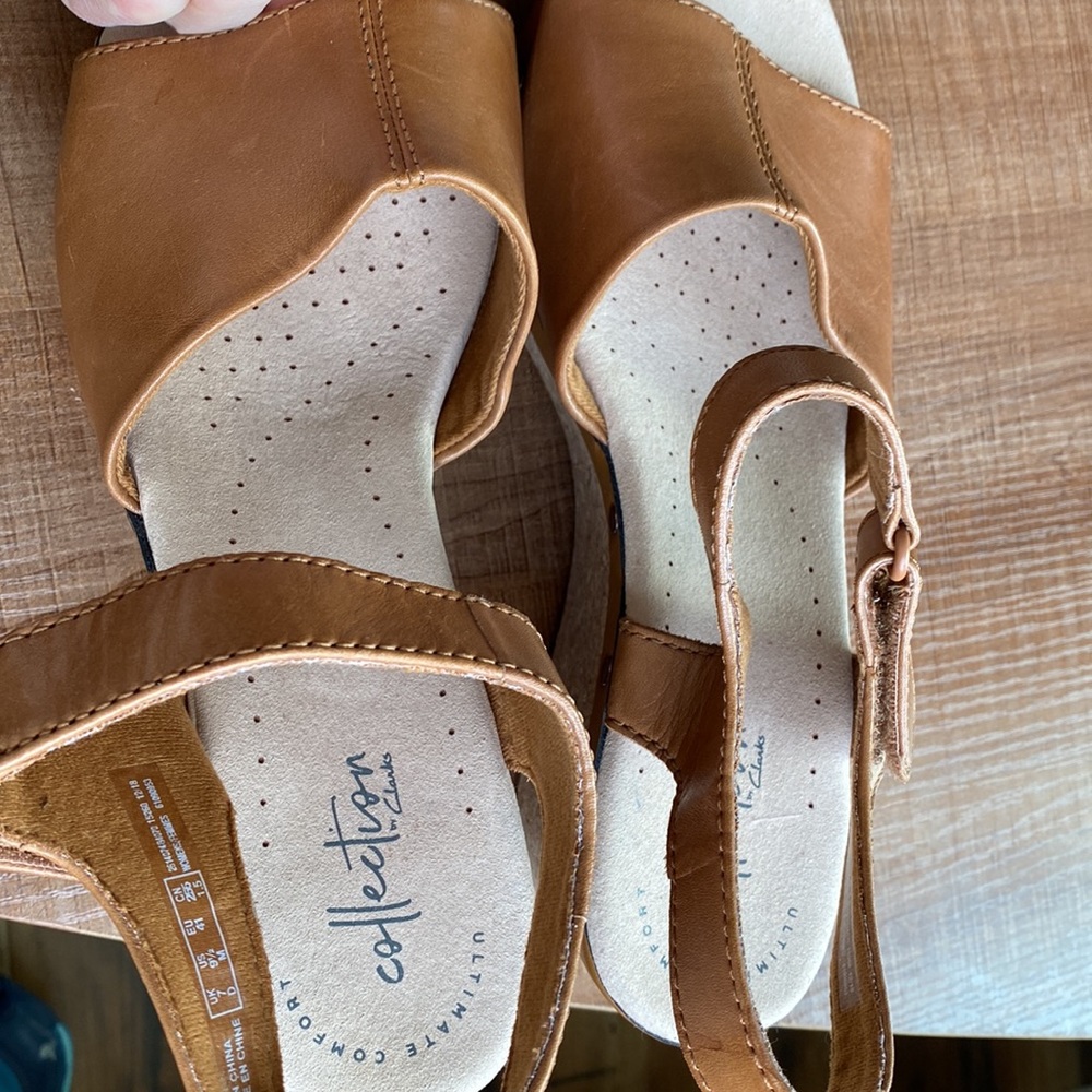Clarks Tan Leather Wedge Sandals - Picture 3 of 4